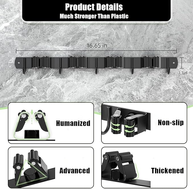 Mop Broom Holder Wall Mount, Black Stainless Steel Tool Storage Organizer with 5 Slots 6 Hooks for Home Kitchen Garden,Broom Storage Tool Organizer for Garage Closet Laundry