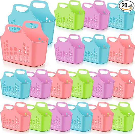 Nuogo 20 Pack Plastic Baskets with Handles Portable Shower Caddy Storage Baskets Assorted Multicolor Reusable Caddy tote Organizer Bin for Bathroom Dorm Communal Showers Kitchen, 10.6" x 6" x 10"