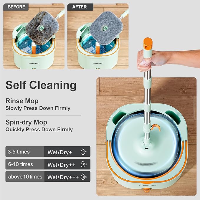 Mop and Bucket Set | Spin Mop with Dual-Tank Clean/Dirty Water Separation | 4 Microfiber Pads for Deep-Cleaning Floors | Versatile Mops Triangular Head for Walls