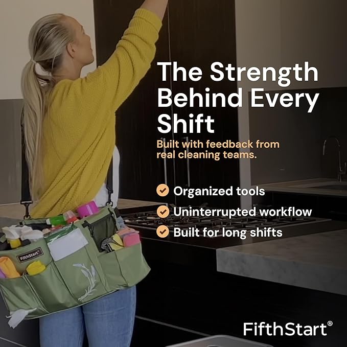 FifthStart Cleaning Caddy Bag for Professionals - Heavy-Duty Organizer with Shoulder Strap, 9 Pockets, Washable Mesh Base & Adjustable Compartments for Cleaning Supplies (Green, Large)