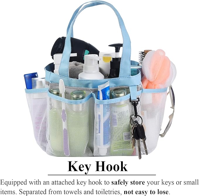 Haundry Mesh Shower Caddy Tote, Large College Dorm Bathroom Caddy Organizer with Key Hook and 2 Oxford Handles, 8 Basket Pockets for Camp Gym