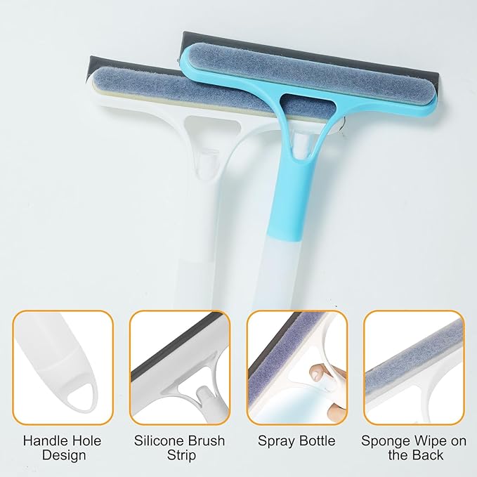 3 in 1 Window Cleaning Scraper with 2 Replaceable Cleaning Cotton Strips, 3 in 1 Spray Squeegee, Window Squeegee, Suitable for Cleaning Bathroom Glass, Mirrors, Car Windows (Blue)