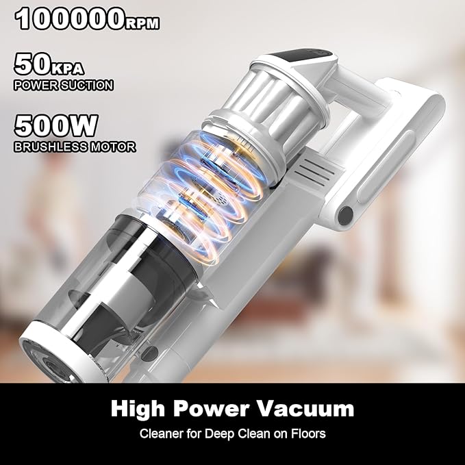 Cordless Vacuum Cleaner - Vacuum Cleaners for Home, 45KPA 550W Stick Handheld Portable 60 Mins Runtime Rechargeable Battery Pet Hair Hardwood Floor Vac, Household Lightweight Hand Vac, V10 White