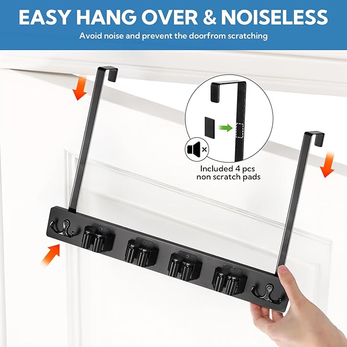 2 Pack Broom Holder Door Mount Black Broom Closet with 2 Over Door Hooks Over the Door Broom and Mop Holder Broom and Mop Organizer Wall Hanging with 4 Racks and 4 Hooks for Laundry Garage Closet Home