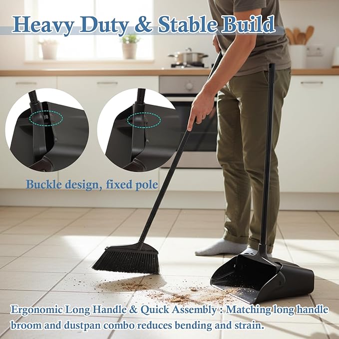 Broom and Dustpan Set with Long Handle and Wheels, Upright Standing Heavy Duty Large Dust Pan and Broom Combo for Indoor Outdoor, Kitchen, Garage, Restaurant Cleaning – Black
