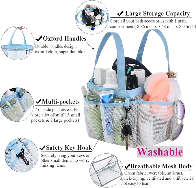 Haundry Mesh Shower Caddy Tote, Large College Dorm Bathroom Caddy Organizer with Key Hook and 2 Oxford Handles, 8 Basket Pockets for Camp Gym
