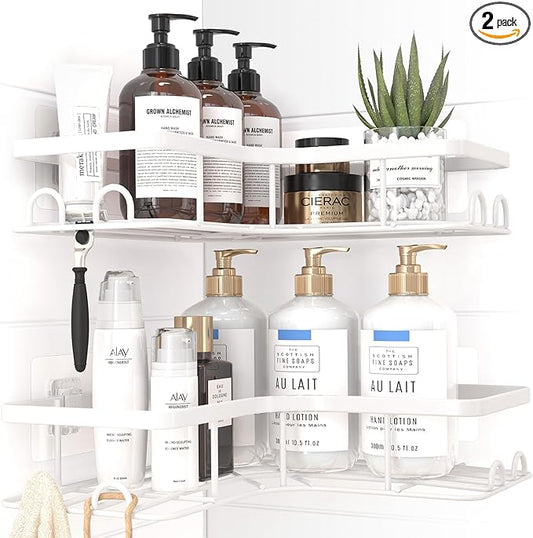 Corner Shower Caddy - 2 Pack, Adhesive Shower Organizers, Rustproof Stainless Steel Shower Shelves with 8 Hooks, No Drilling Bathroom Organizers and Storage Racks, Space-Saving, White, Large