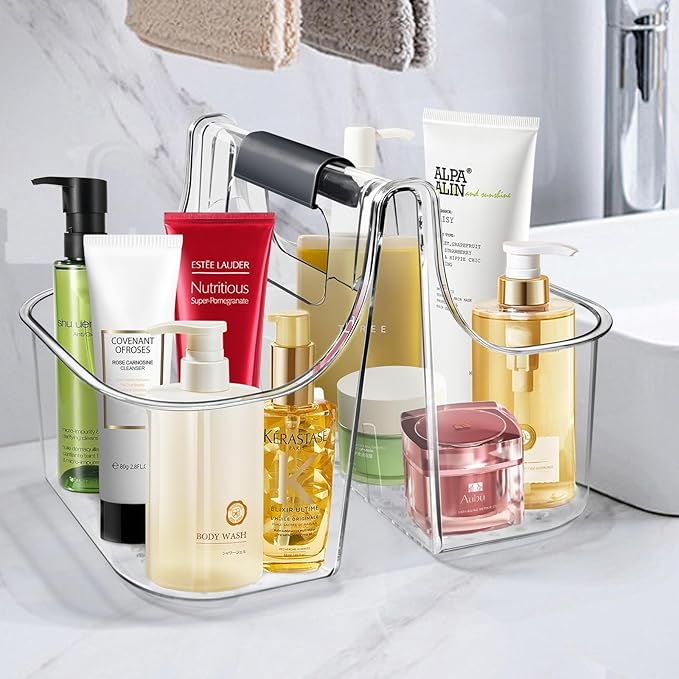 tutata Clear Caddy Organizer with Handle, Shower Caddy, Stackable Plastic Bin Basket for Bathroom, Shower, Craft organizer