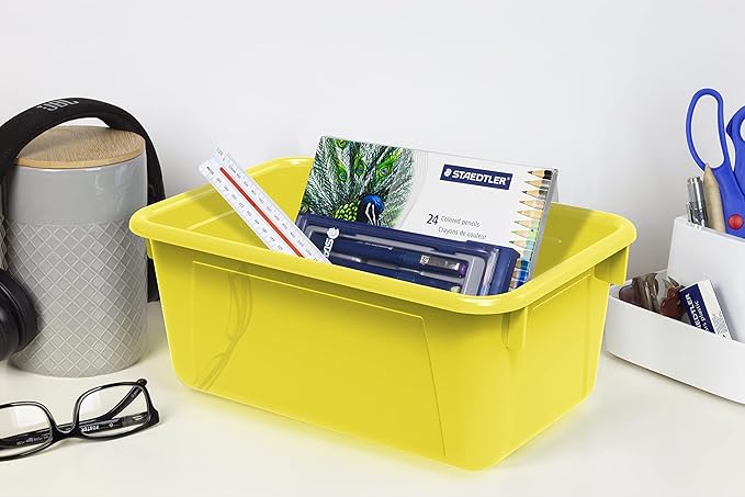 Storex Small Cubby Bins – Plastic Storage Containers for Classroom with Non-Snap Lid, 12.2 x 7.8 x 5.1 inches, Yellow, (62410U05C) (Pack of 5)