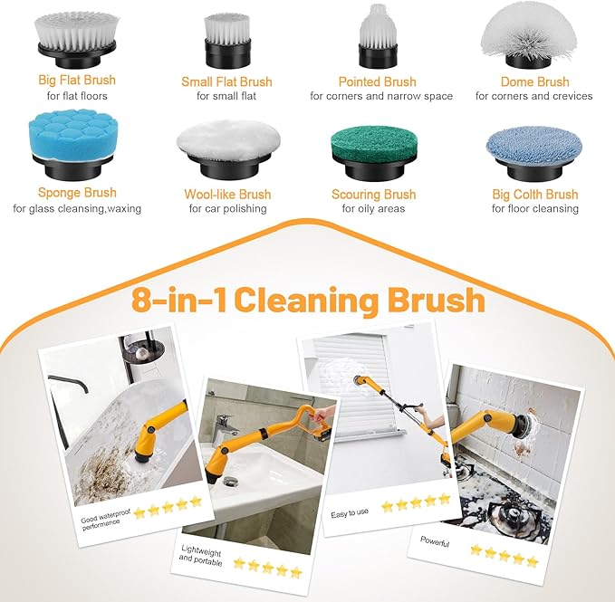 1500 RPM Electric Spin Scrubber for DeWalt 20V Battery, Power Shower Scrubber for Bathroom/Floor/Bathtub/Toilet/Tile,Electric Cleaning Brush with Long Handle & 8 Replaceable Brush (Yellow)