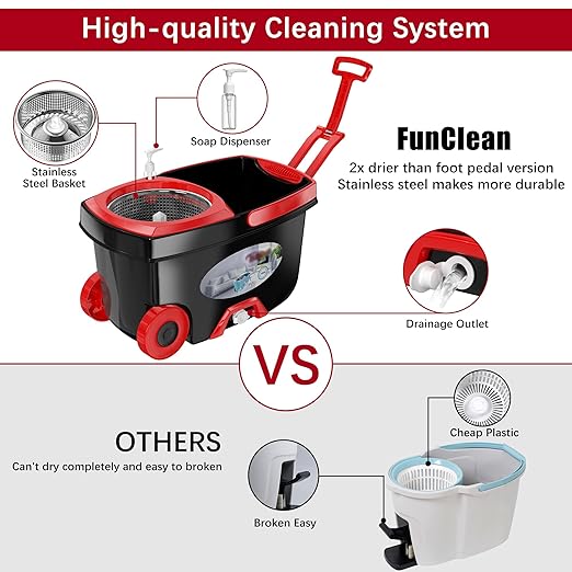 FunClean 360° Spin Mop and Bucket Set with Wringer, 4 Extra Microfiber Heads, 61" Extended Handle for Effortless Floor Cleaning, 2X Wheel Design - Black
