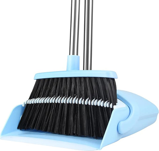 Broom and Dustpan Set, 52-in Handle Broom Dustpan Combo Set with Dustpan Teeth to Clean Pet Hair Suitable for Home Kitchen Office Garden Garage(Blue)