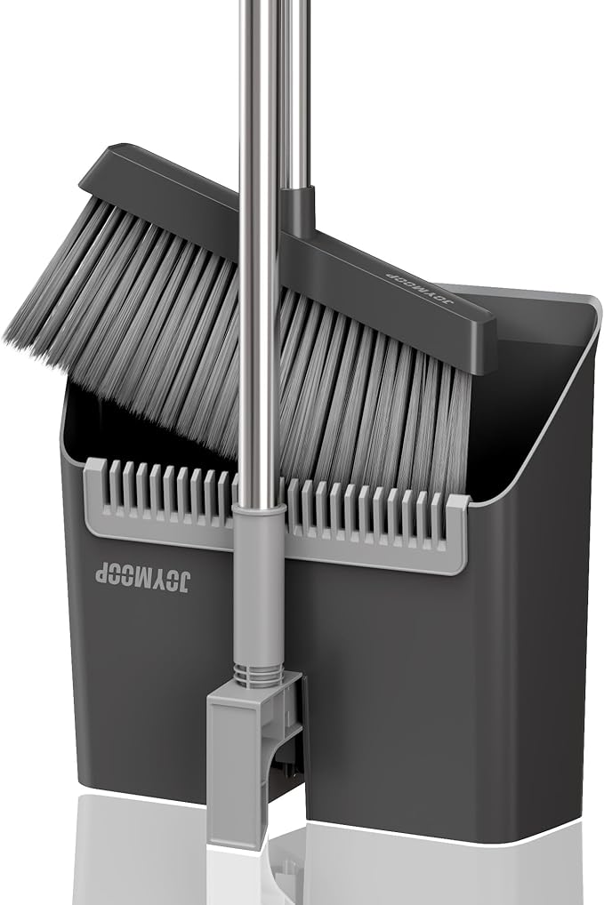 JOYMOOP Black Broom and Dustpan Set, Upright Angle Design with Built-in Comb Teeth for Home, Office, Hardwood Floors, Pet Hair