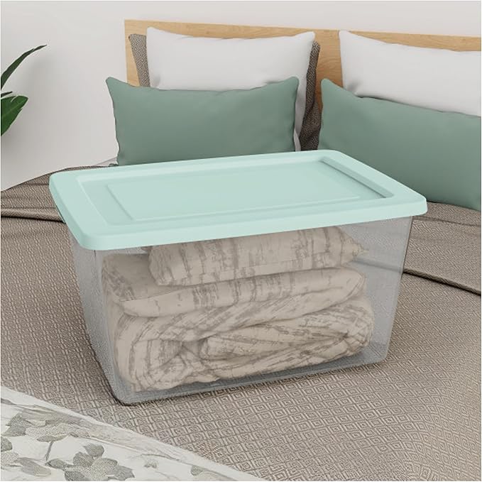 Sterilite 24 Pack Storage Boxes, Clear Plastic Stackable Containers, Lightweight Home Organizers with Snap Lids, 58 Quart, Mindful Mint