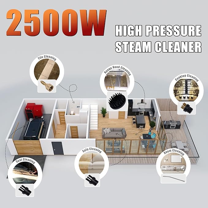 2500W Steam Cleaner for Home, High Pressure Handheld Steam Cleaner with 6-gears Adjustable, Portable Steamer for Cleaning Car Upholstery Tile Grout Home