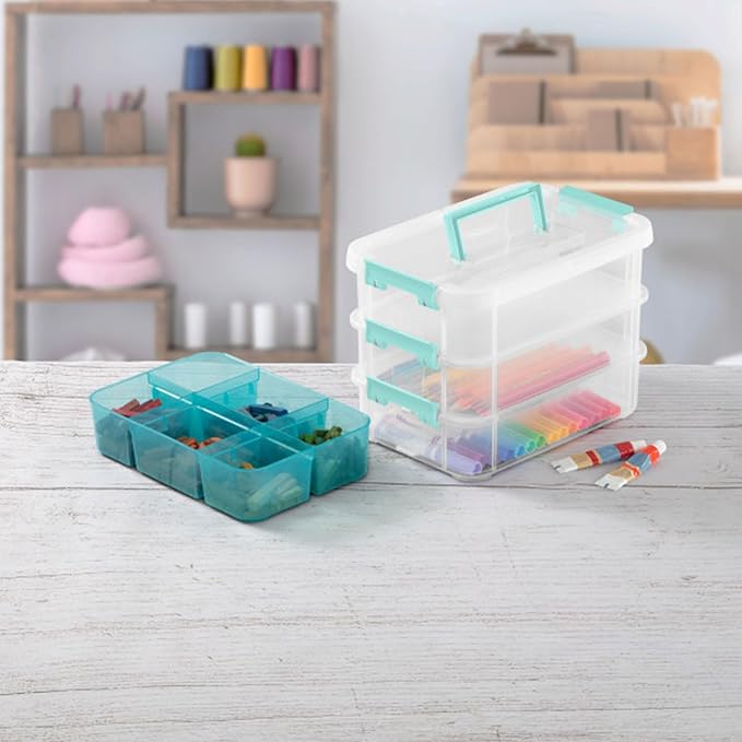Sterilite 24 Pack Plastic Storage Box Container, 3 Layer, Stack and Carry, Clear/Blue