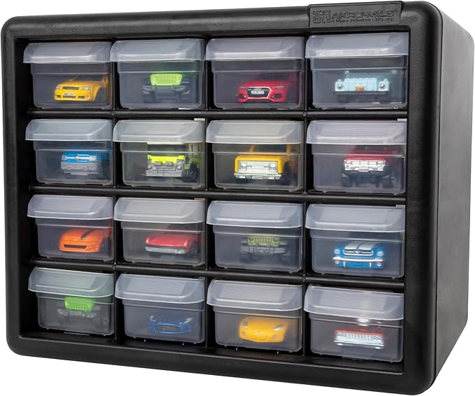 Akro-Mils 16-Drawer Plastic Cabinet for Garage Organization, Beads, Makeup Organizer, Building Bricks Storage, Teacher Toolbox, 10-1/2" W x 6-1/2" D x 8-1/2" H, 10716 Black (Pack of 4)