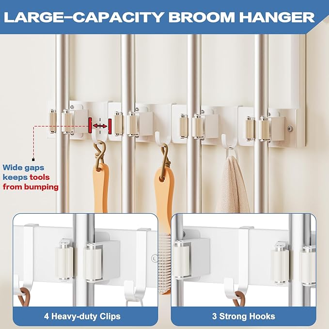 Olakee Broom Holder Wall Mount with Cleaning Supplies Organizer, Laundry Room Organization and Storage Shelves, Mop Hanger Rack with Hooks, Utility Shelf Closet Organizer for Garage Home Improvement