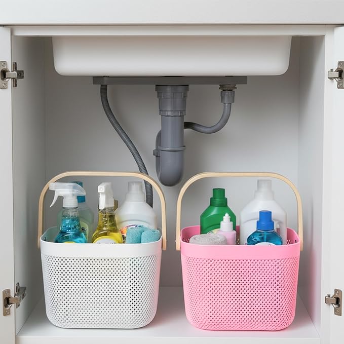 Shower Caddy Portable with Wooden Handle – Plastic Shower Caddy Dorm Basket for Bathroom Storage & Organization, College Essentials (Pastel Pink)