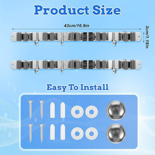 2 Pack Heavy Duty Wall Mount Broom Holder – Stainless Steel with 5 Racks & 4 Hooks Broom Organizer– Self-Adhesive or Screw Mount Mop Holder for Garage, Laundry, Kitchen – Silver