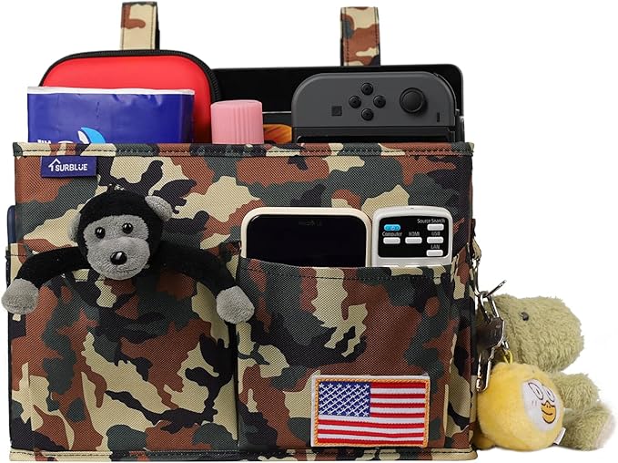 Surblue Bedside Caddy Hanging Organizer Storage Bag Pocket for Bunk, Hospital Beds, College Dorm Rooms, Baby Bed Rails, Wheelchair Side Bag, Camp Chairs, 4 Pockets and 2 Hooks (Small Jungle)