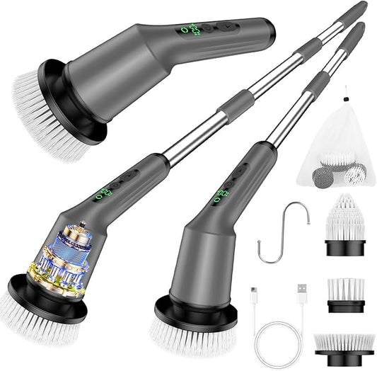 Electric Spin Scrubber for Cleaning Bathroom, Shower Scrubber Cordless Cleaning Brush with IPX7 Waterproof & 2 Speed, 3 Brush Heads, Bathroom Cleaning Supplies for Shower Tub Tile Toilet Grey