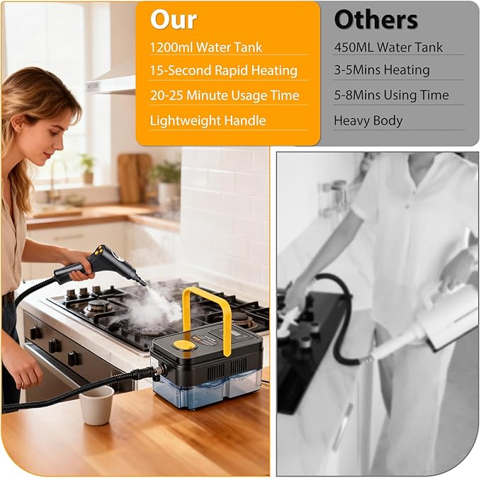 Steam Cleaner for Home with 15-Second Fast Heat-Up, Handheld Steamer for Cleaning Features 1.2L Tank, Steam Control & 16 Accessories to Remove Grease, Grout, Tile, Floor and Car Dirt