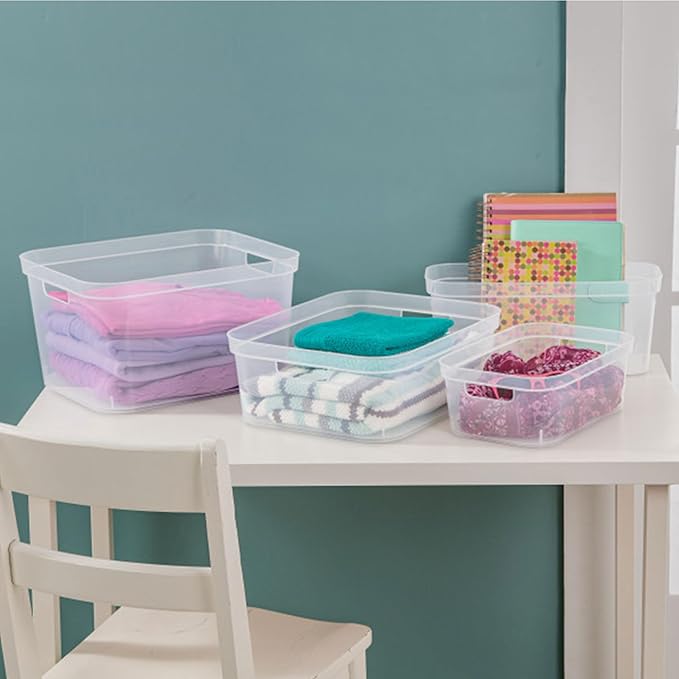 Sterilite 8.25x12.25x15 Inch Modern Polished Storage Bin w/Comfortable Carry Through Handles & Banded Rim for Household Organization, Clear (18 Pack)