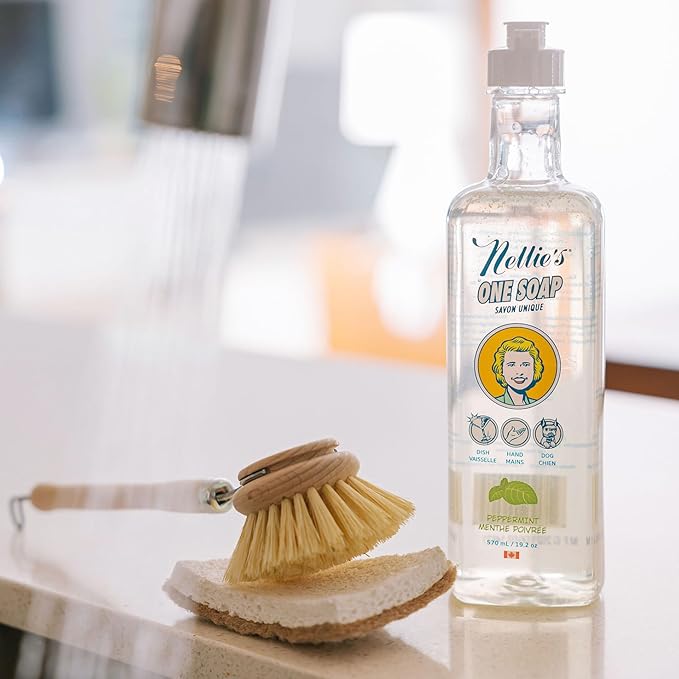Nellie's One Soap - Peppermint Scented - Gentle Multi-Purpose Cleaner for Dishes, Surfaces, and Hands - Hypoallergenic, Plant-Based, Chemical-Free, and Soft on Skin - 19.2 oz - (Made in Canada)