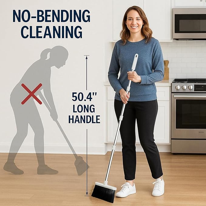 Broom with Dustpan – Premium Broom Set with Upright Design, Hair-Removal Dustpan Included,No-Bending Broom for efficient Home Cleaning Tool (Gray-Yellow)