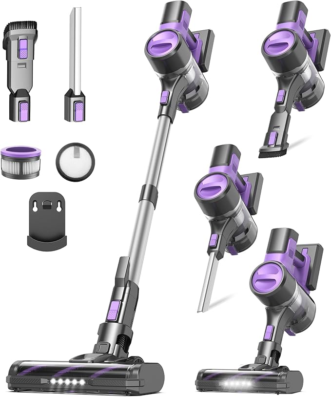 S10 Cordless Vacuum Cleaner, 55Kpa 60mins Lightweight Stick Vacuum with Powerful Suction for Home, Rechargeable, Self-Standing, Handheld Vacuum Cleaners for Hardwood Floors, Carpets, Purple