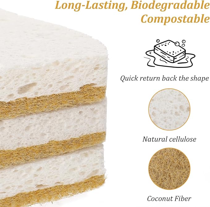 36PCS Natural Kitchen Sponges, Compostable Cellulose Scrubber Sponge, Eco Friendly Coconut Scrubber Dish Sponges for Pots Pans Cleaning, Household Cleaning Sponge for Dishes