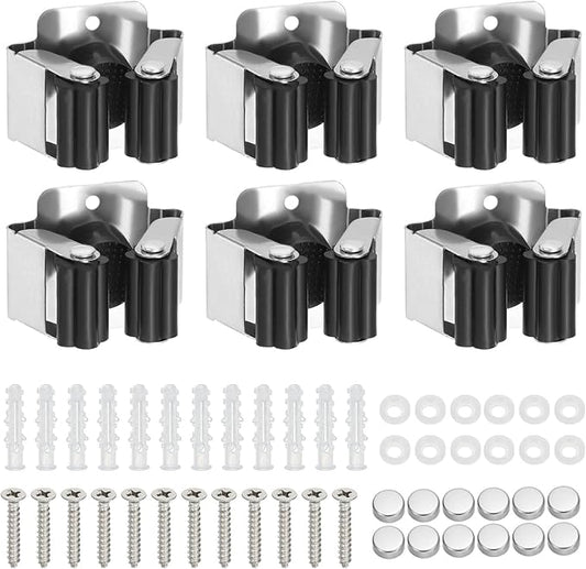PATIKIL Broom and Mop Holder, 6 Pack Wall Mounted Stainless Steel Mop Hanger Heavy Garden Tool Organizer Rack Hanging Clips with Screws for Home Garage, Black