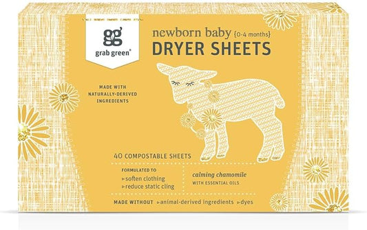 Grab Green Newborn Baby Dryer Sheets, 40 Sheets, Chamomile Scent, Plant and Mineral Based, Compostable, Softens Clothing and Linens, Reduces Static Cling
