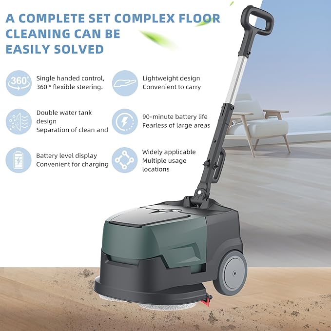 Mini Automatic Floor Scrubber Machine Battery Powered Walk Behind，Portable Commercial Floor Scrubber Machine，90-Minute Runtime, Includes 2 Hard Brush Soft Brush and 2 Scouring pads