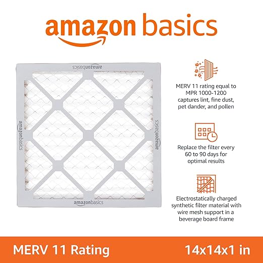 Amazon Basics 14x14x1 Air Filter 6-Pack, MERV 11 AC Furnace Filters, Allergy Control, Removes Dust, Pollen and Lint (Actual Size: 13.75" x 13.75" x 0.75")