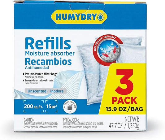 HUMYDRY Moisture Absorber Refills for 15.9 Oz Dehumidifier, 18 Count, 6 Packs of 3 Unscented Humidity Absorber Bags, Pre-Measured Non-Electric Humidity Absorber Refill Bags for Medium Enclosed Spaces