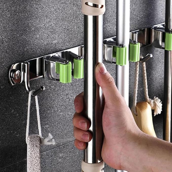SEIWEI Mop and Broom Holder Wall Mounted Organizer Mop and Broom Storage Tool Rack with 5 Slots and 6 Hooks for Home Organization, Garden, Basement, Kitchen