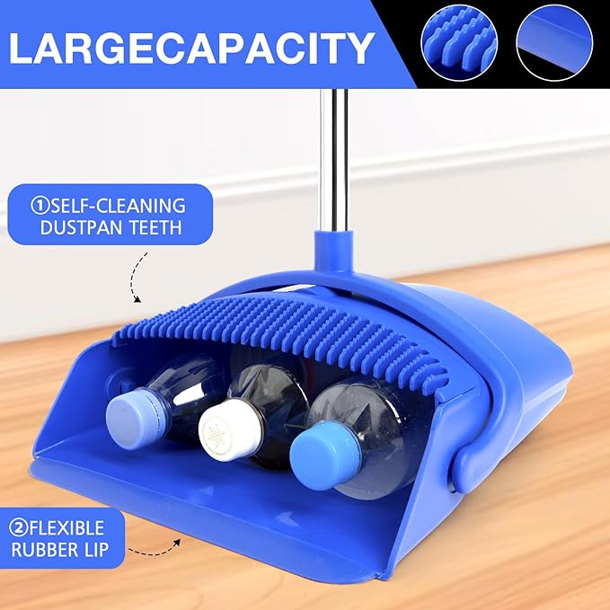 Broom and Dustpan Set, Long Handle Lightweight Dustpans with Broom Combo for Home, Indoor&Outdoor Sweeping for Home Room Kitchen Office Lobby (Dark Blue)