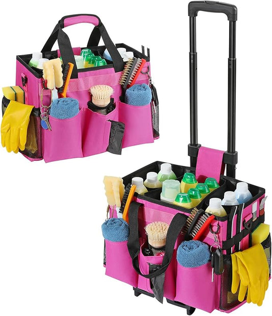 Housolution Rolling Cleaning Caddy Bag with Detachable Trolley, Professional Portable Large Cleaning Bag with Wheels, Wearable Cleaning Supply Bag on Wheels for Housekeepers, Rose Red