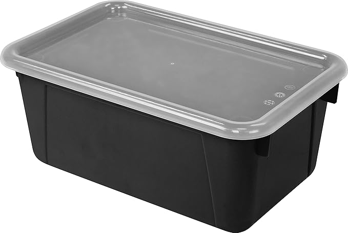 Storex Small Cubby Bins – Plastic Storage Containers for Classroom with Non-Snap Lid, 12.2 x 7.8 x 5.1 inches, Black, 5-Pack (62463U05C)