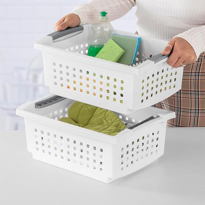 Sterilite Stackable Storage Bin and Organization Basket with Flip Down Accent Rails for Home and Household Organization, Medium, White (20 Pack)