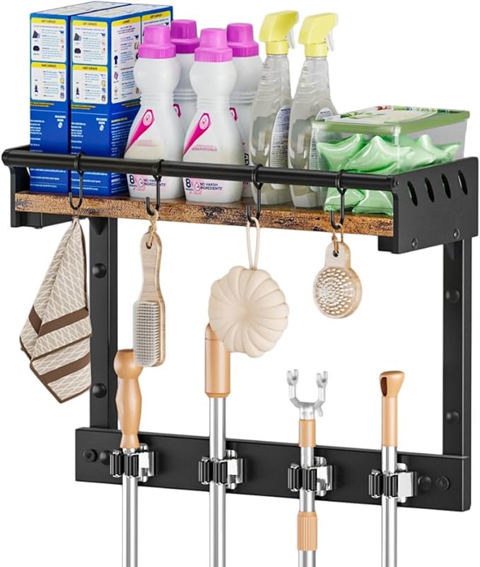 Broom Holder Wall Mount with Shelf, Broom Hanger and Hooks, Broom and Mop Organizer Wall Hanging for Laundry Room, Garage, Utility Closet, Kitchen（Small）