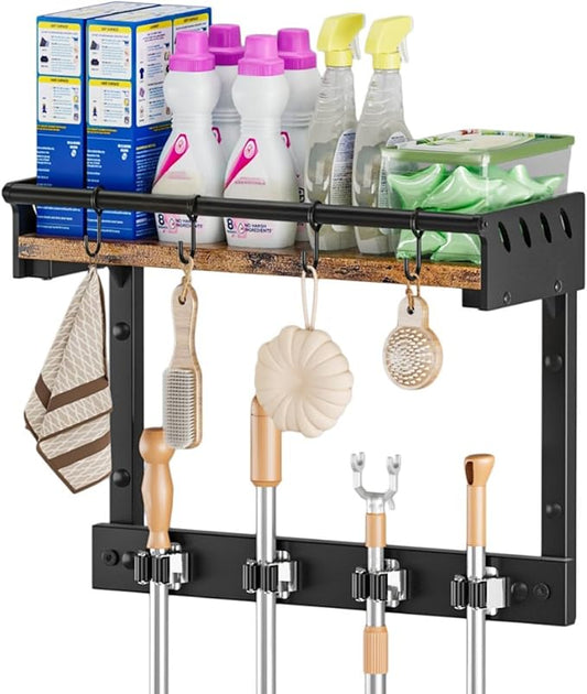 Broom Holder Wall Mount with Shelf, Broom Hanger and Hooks, Broom and Mop Organizer Wall Hanging for Laundry Room, Garage, Utility Closet, Kitchen（Small）