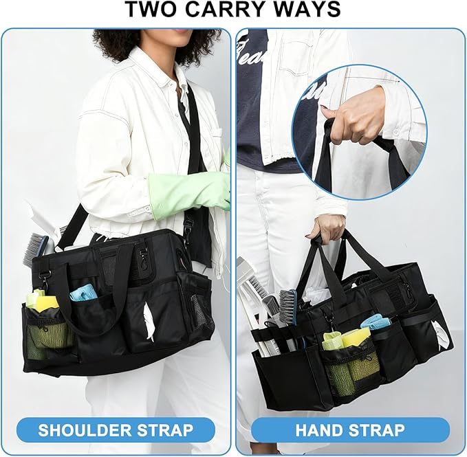 Large Cleaning Caddy Tote Bag with 4 Foldable Dividers Sturdy Support Board, Waterproof Cleaning Tools Organizer with Adjustable Shoulder Strap Waist Belt for Housekeepers, Cleaners Professional Use