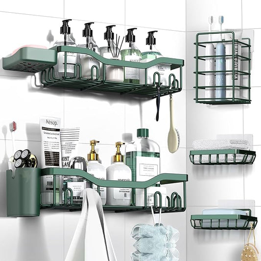 Shower Caddy Adhesive Shower Organizer 7-Pack, Rustproof Stainless Steel Bathroom Shelves, Large Capacity No-Drill Rack Storage Accessories with Soap Dish Toothbrush Holder Hooks