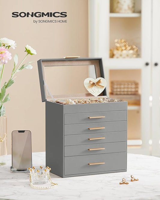 SONGMICS GISELLA Collection - Jewelry Box Organizer, 6-Layer Jewelry Storage with 5 Drawers, Shiny Metal Hardware, Glass Lid, Modern, 6.4 x 9.9 x 11.4 Inches, Dove Gray and Gold Color UJBC171G01