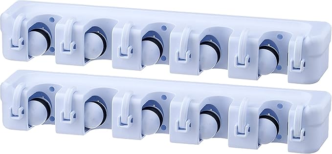 Superio Mop and Broom Holder Wall Mount White (2 Pack) Cleaning Tools Wall Organizer, 5 Rack Slots and 6 Hooks for Kitchen Closet Garage Garden and Office.