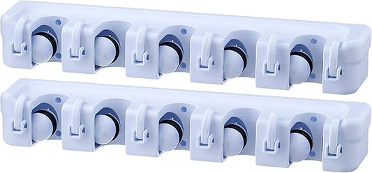 Superio Mop and Broom Holder Wall Mount White (2 Pack) Cleaning Tools Wall Organizer, 5 Rack Slots and 6 Hooks for Kitchen Closet Garage Garden and Office.