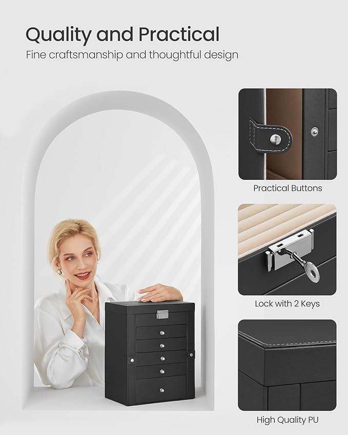 SONGMICS 6-Layer Jewelry Box Organizer with 5 Drawers, Jewelry Storage Case with Lock and Mirror, Large Storage Capacity, Gift for Loved Ones, for Necklaces, Watches, Black UJBC152B01